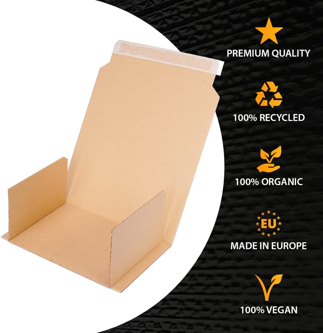 250 Stück | Buchverpackung DIN A3 selbstklebend in Braun | 430x310x10-60 mm - Wickelverpackung BV-5,