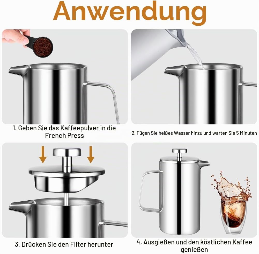 HOTUT French Press Kaffeebereiter, 350 ml Edelstahl Französische Presse mit Löffel, Ersatzfilter, Kl