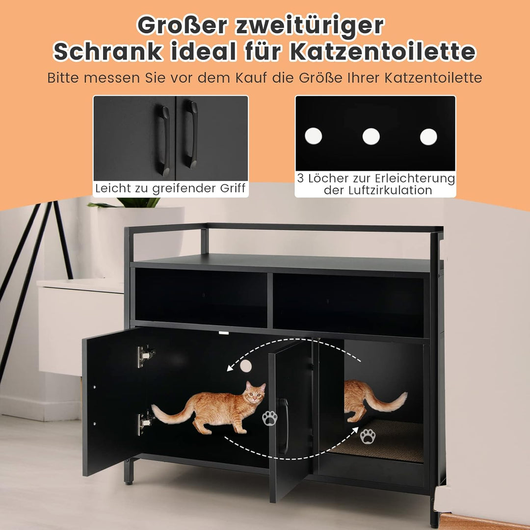 COSTWAY Katzenschrank Katzentoilette mit Doppeltüren & Kratzunterlage, Katzenhaus mit offenem Regal
