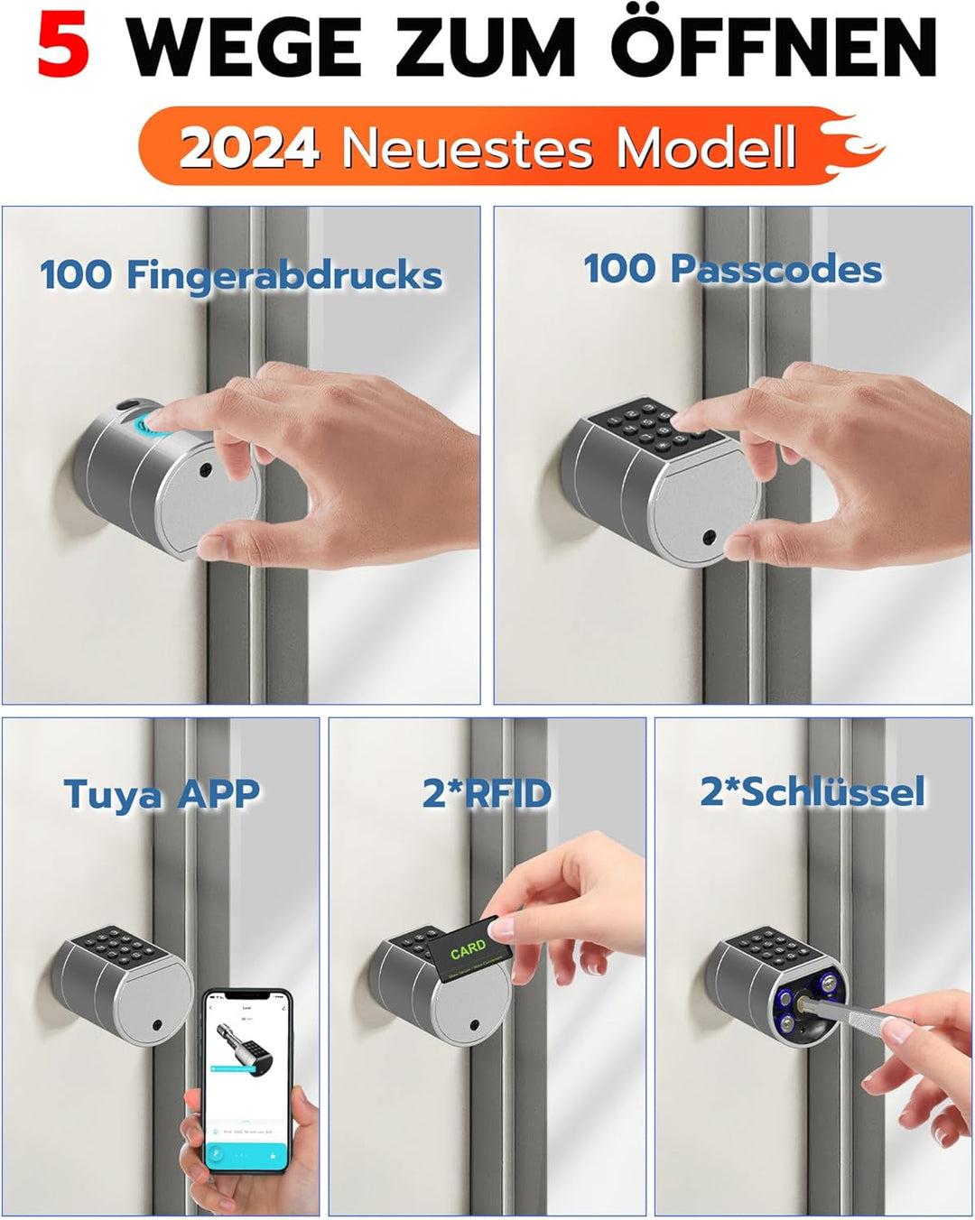Eseesmart Türschloss Fingerabdruck, Fingerabdruck Schloss mit Zahlencode RFID Schlüssel APP, Elektri