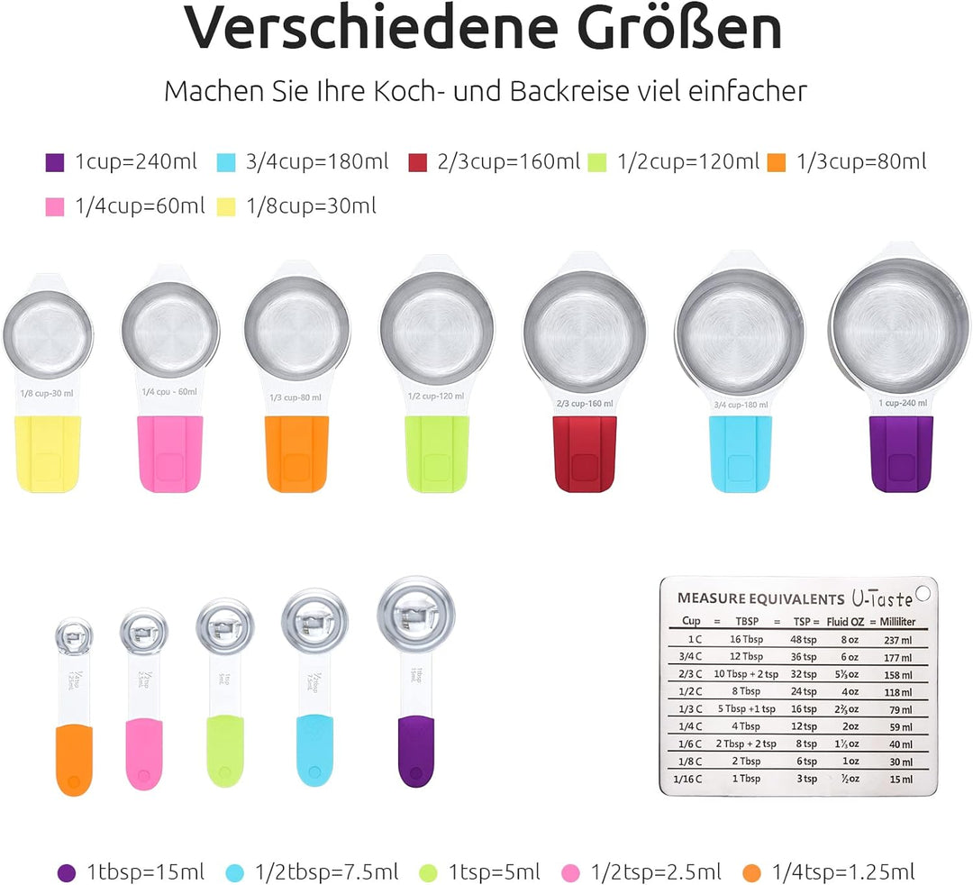 U-Taste Magnetische Messbecher und Messlöffel 13 Stück aus 18/8 Edelstahl: 7 Cup Messbecher und 5 TL