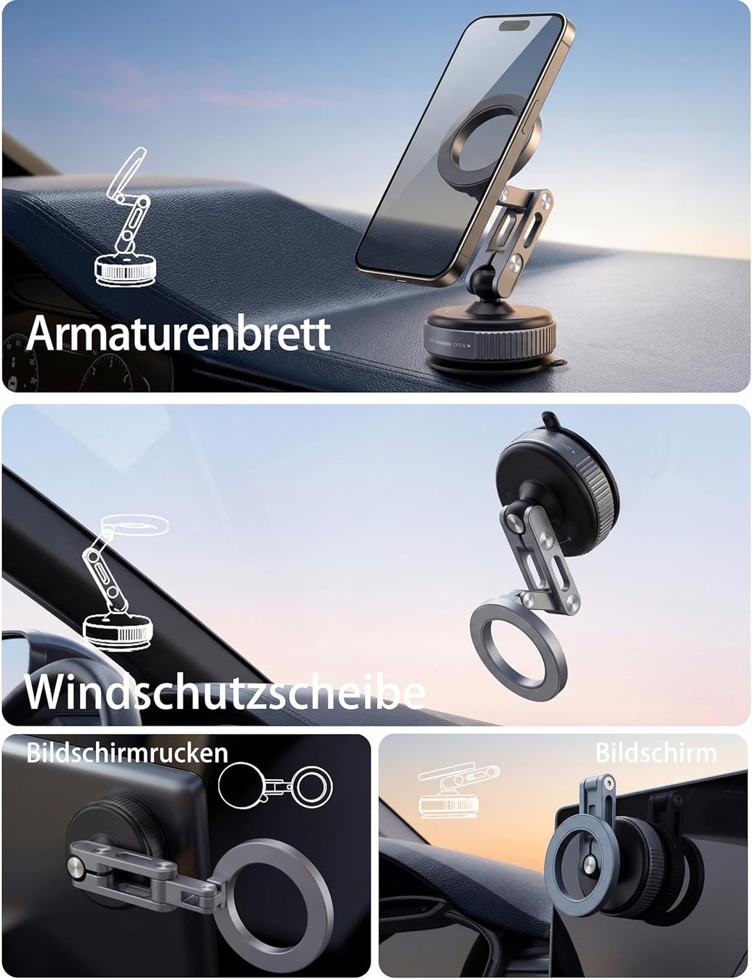Upgraded Magnet-Halterung mit Saugnapf - 360° drehbar, 96LBS Ultra-Saugkraft für Auto/Fitnessstudio/