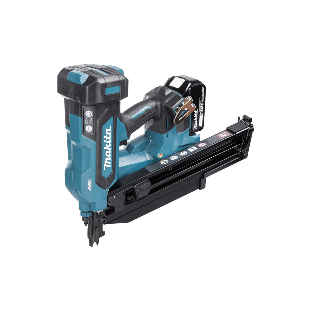 Makita DBN901RTE Bürstenloser Rahmennagler, 18 V, Li-Ion, LXT, komplett mit 2 x 5,0 Ah Akkus und Lad