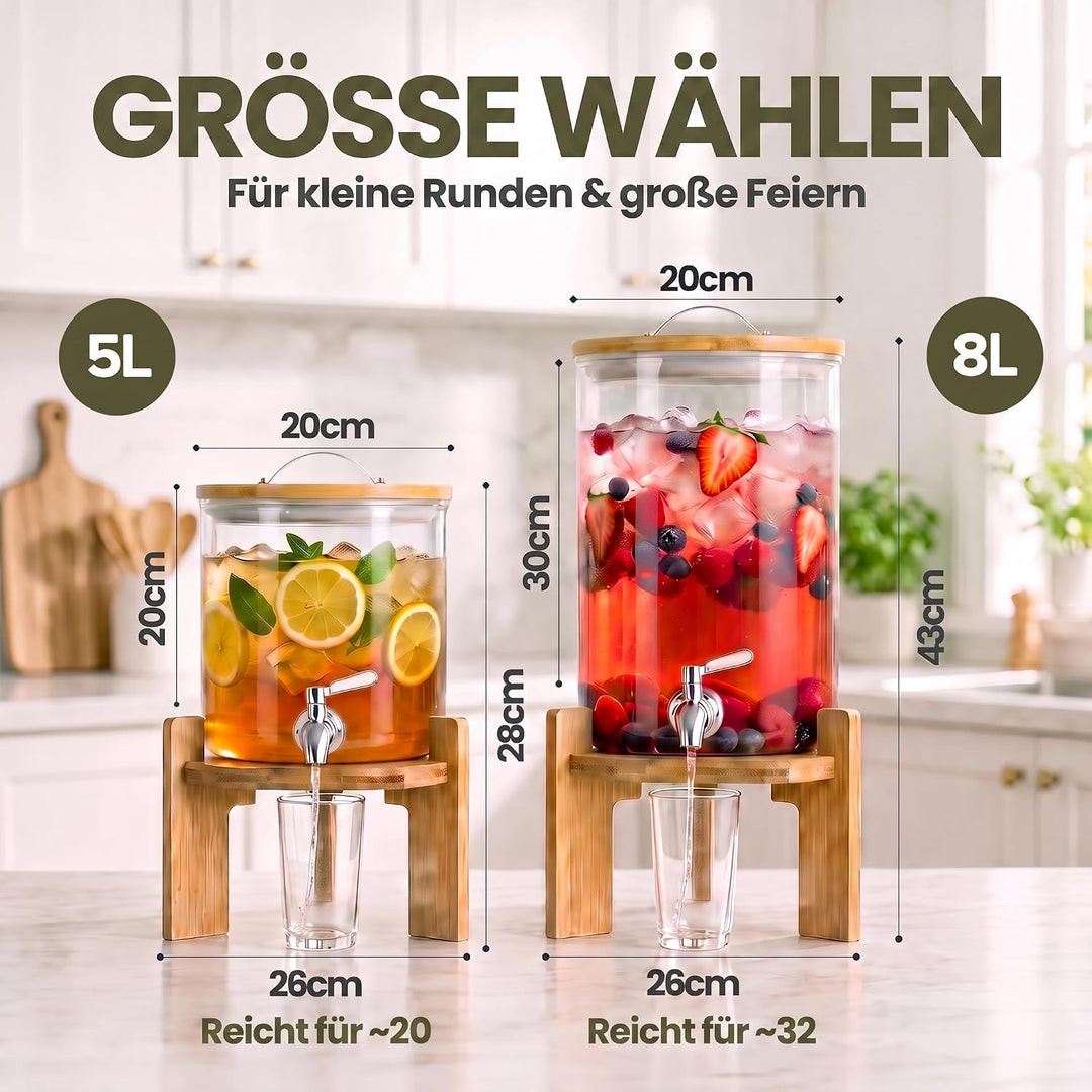 Premium Getränkespender mit Zapfhahn aus Edelstahl &amp; Bambus-Ständer – 8L Wasserspender Glas für eisk