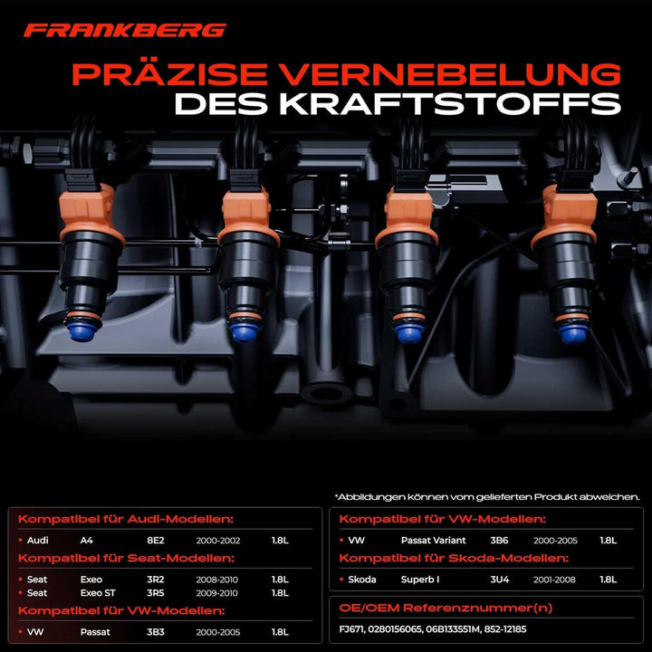 Frankberg 4x Einspritzventil Einspritzdüse Injektor Kompatibel mit A4 2000-2002 Exeo 2008-2010 P.a.s