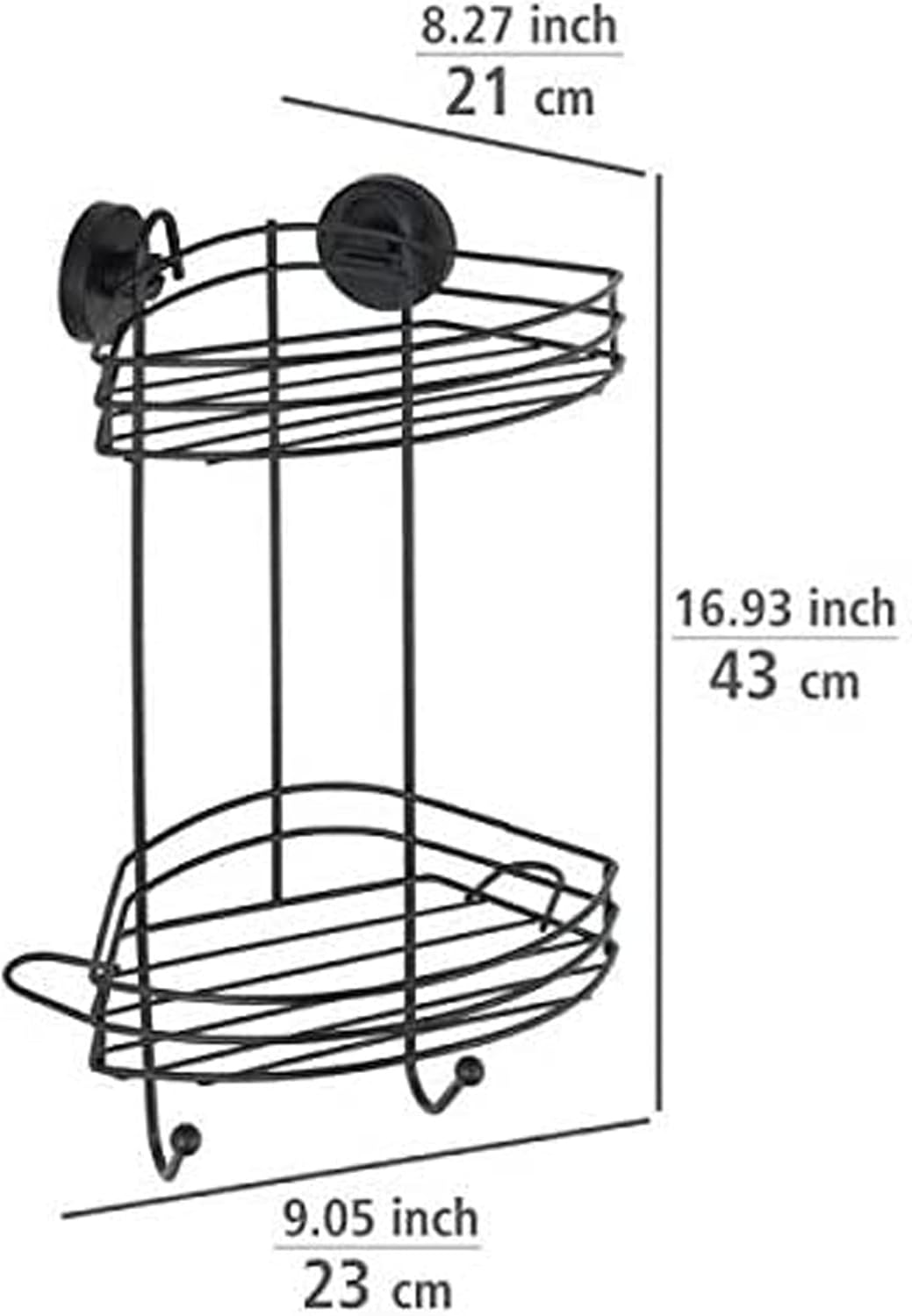 WENKO Vacuum-Loc® Eckregal 2 Etagen Schwarz, Duschablage mit 2 Ebenen und 2 Haken aus lackiertem Sta