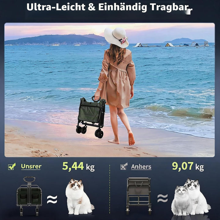 Faltbarer Bollerwagen, 220L 172kg Traglast, 360° Geländeräder, Bremse, Stahlrahmen, 600D Oxford PVC,