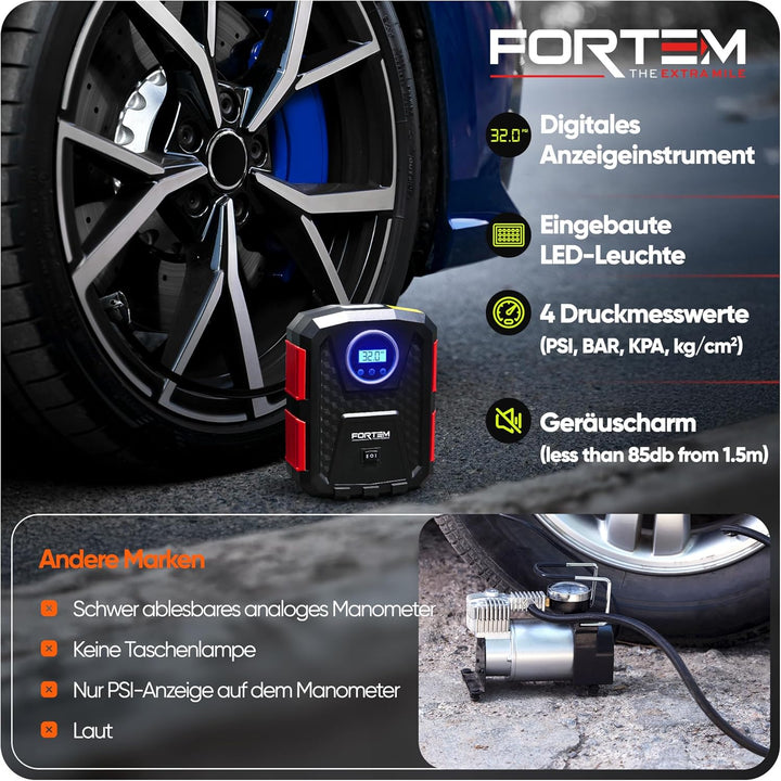 FORTEM Tragbarer Kompressor Autoreifen, Kompressor Fahrrad, 12V Autoreifen Pumpe und Fahrradpumpe El
