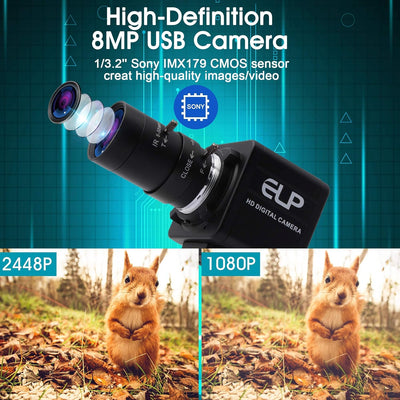 ELP 8 Megapixel Webcam mit HD 5-50mm Variofokus Objektiv,HD Streaming Kamera USB kompatibel mit Wind