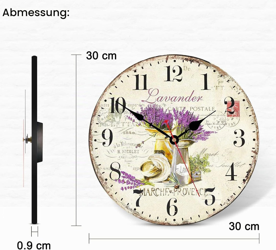 TAHEAT 30 cm Lila Lavendel Blume Wanduhr, Holz Rustikale Vintage Uhren, Leise Ohne Tickgeräusche Lan