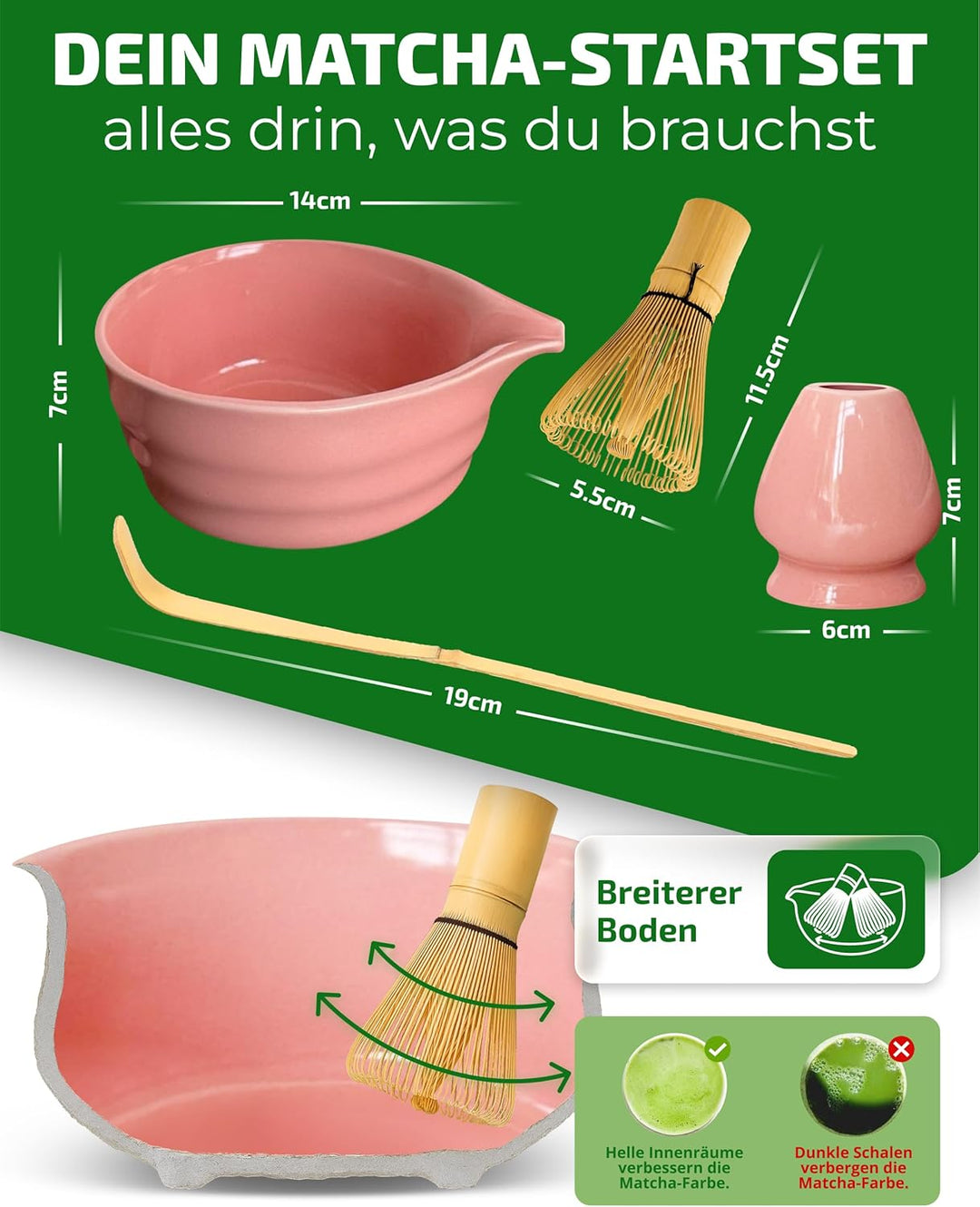 Matcha Set Rosa – Premium Matcha Tee Set mit Matcha Schale, Bambus Matcha Besen & Matcha Zubehör - J