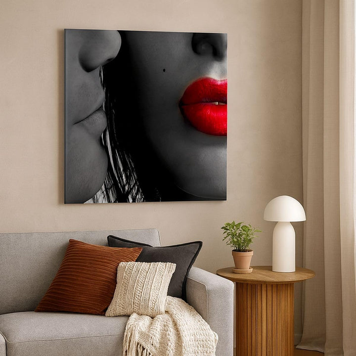 Bilder auf Leinwand 70x70cm Leinwandbild Rote Lippen dunkles Haar Modell Liebe Gross Wanddeko Bild S