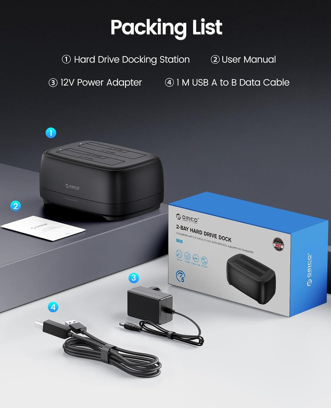ORICO Dualschacht 3,5 Zoll Festplatten Dockingstation, USB 3.0 HDD Docking Station für SATA 2,5/3,5