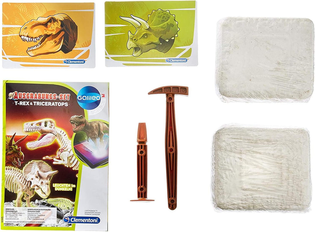 Clementoni 69408 Galileo Discovery Ausgrabungs Set T Rex und Triceratops, Spielzeug für Kinder ab 7