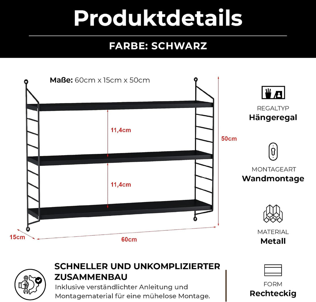 [en.casa] Modulares Wandregal Strängnäs Metallregal Schwarz Hängeregal mit 3 Regalböden Badregal Küc