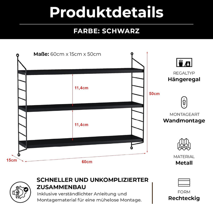 [en.casa] Modulares Wandregal Strängnäs Metallregal Schwarz Hängeregal mit 3 Regalböden Badregal Küc