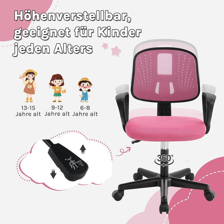 Klihome Schreibtischstuhl Kinder, Bürostuhl ergonomisch, Drehstuhl mit Rollen Armlehnen, Kinderdrehs