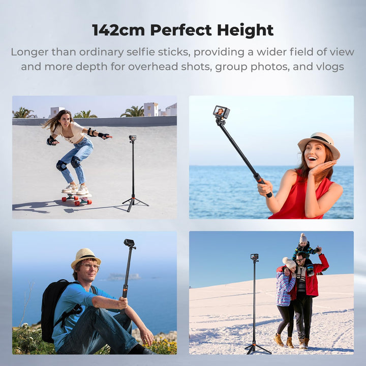 K&F CONCEPT 142 cm Selfie-Stick für Actionkameras, 2-in-1 Tragbarer Selfie Stick Stativ mit Dreizack