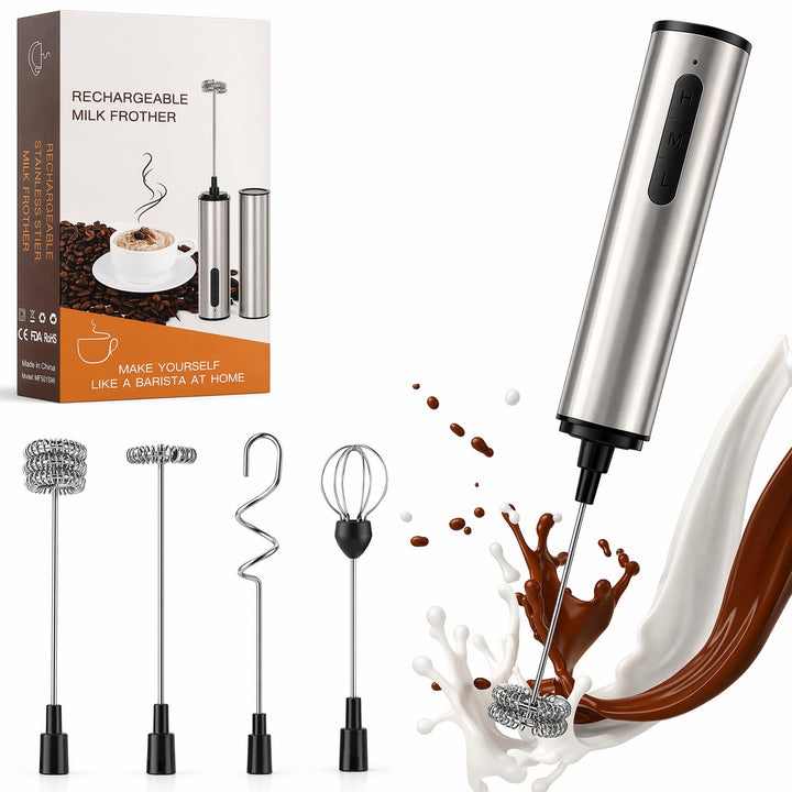 Milchaufschäumer Elektrisch, USB-C Akku, 5 abnehmbare Quirl-Schneebesen, Tragbarer Hand-Milchschäume