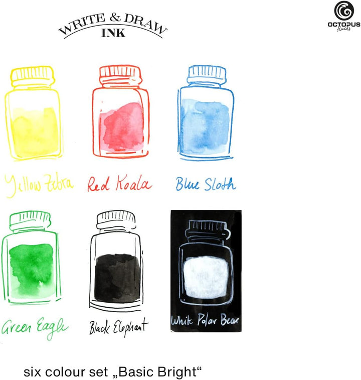 Octopus Write and Draw Ink Set BASIC BRIGHT, wasserfeste Tinte zum Schreiben und Zeichnen, Kalligrap