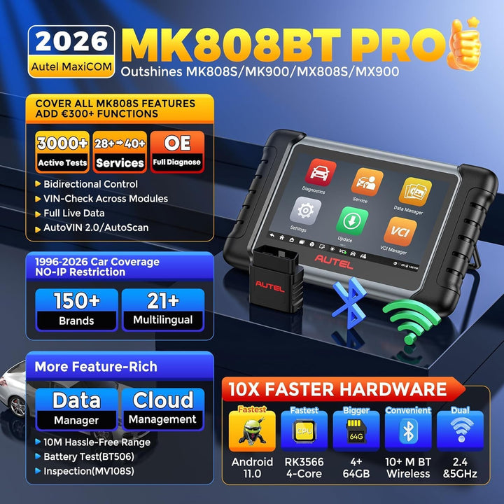Autel MaxiCOM MK808BT PRO OBD2 Diagnosegerät: 2024 Voll Bidirektionale Aktiver Test, Android 11, 4G+