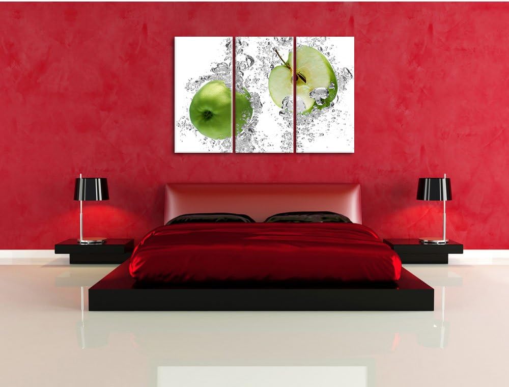 Pixxprint saftig grüne Äpfel im Wasser als Leinwandbild/Grösse: 3 Teilig (120x80 cm) cm/Wandbild/Kun