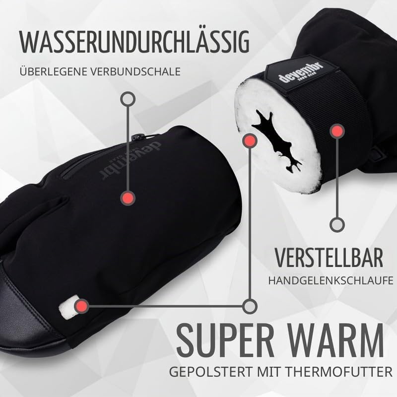 devembr 3-Finger-Skihandschuhe mit Handgelenkschutz, Warme Snowboardhandschuhe für Herren und Damen
