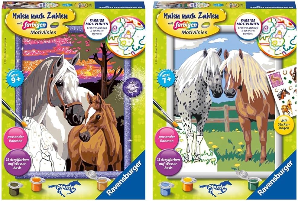 Ravensburger Malen nach Zahlen 28568 - Pferde im Sonnenuntergang & Malen nach Zahlen 28566 - Glückli