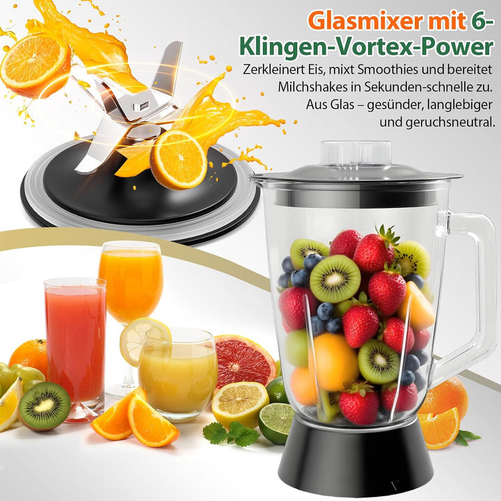 1500W Küchenmaschine und Mixer Kombination, 2,5L Zerkleinerer für Fleisch, Gemüse und Teig, 2L Stand