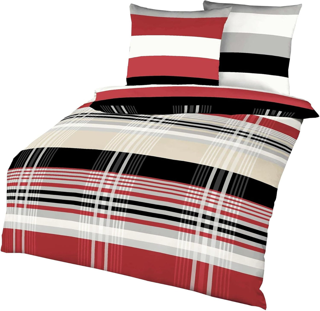 Kaeppel Biber Bettwäsche Set Prime Time Rot Schwarz Weiss Streifen, Grösse:240x220cm Bettwäsche, 240
