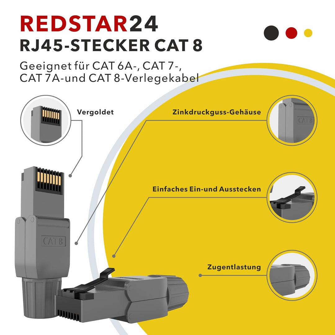RedStar24 RJ45 Stecker Werkzeuglos CAT 7 CAT 8 Netzwerkstecker für Verlegekabel CAT8 CAT7 CAT6a LSA