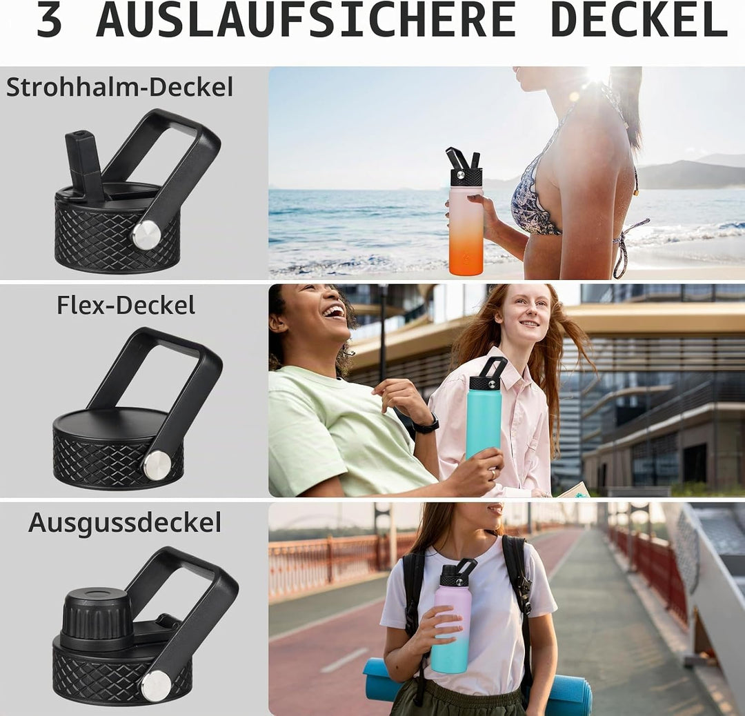 BJPKPK Isolierte Wasserflaschen mit Strohhalm-Deckel, 1,2 l, Edelstahl-Wasserflaschen mit 3 Deckeln,