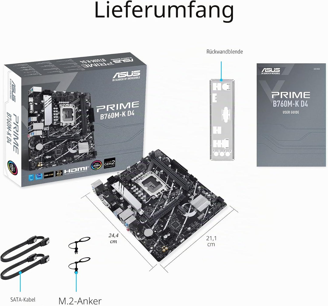 ASUS PRIME B760M-K D4 Gaming Mainboard Sockel Intel LGA 1700 (Intel B760, mATX, DDR4 Speicher, 2x PC