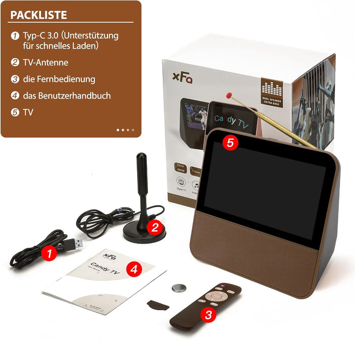 HassoKon Digitaler Tragbarer Fernseher DVB-T2, 1080P HD Mini TV DAB+,DSP Digitalfernsehen USB Mediap