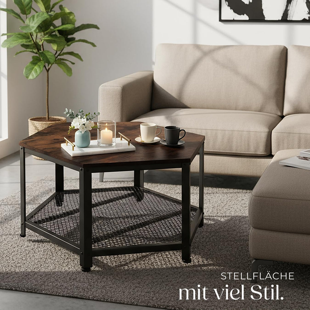 tectake® ausgefallener Couchtisch Holz und Metall, Wohnzimmertisch mit Stauraum, Beistelltisch Couch