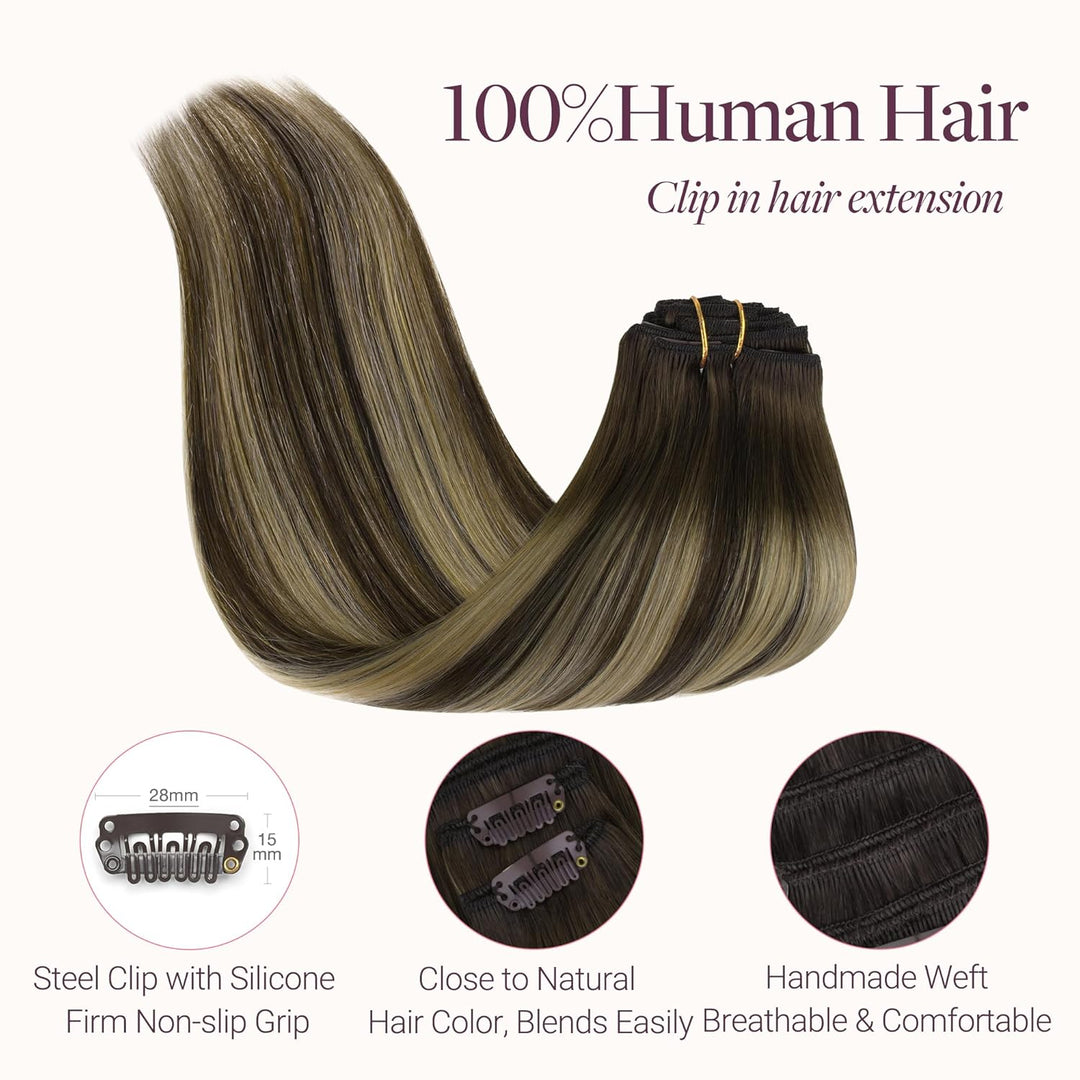 GOO GOO Clip in Extensions Echthaar, Echthaar Extensions Clip, 30cm 85g 7pcs, Clip In Haarverlängeru