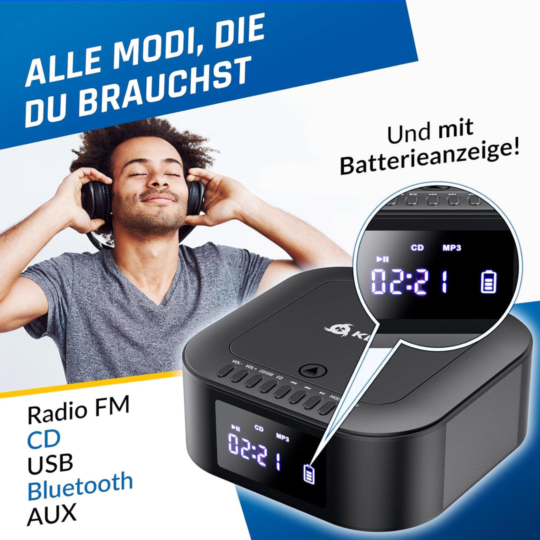 KLIM Boombox E1 Radio mit CD Player - CD-Hülle - BASS Boost mit Tieftöner - FM Radio, MP3, Bluetooth
