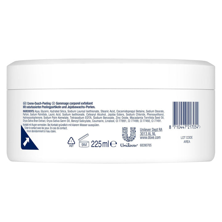Dove Creme-Dusch-Peeling Macadamia & Reismilch Scrub Körper Peeling für geschmeidige Haut Hautpflege