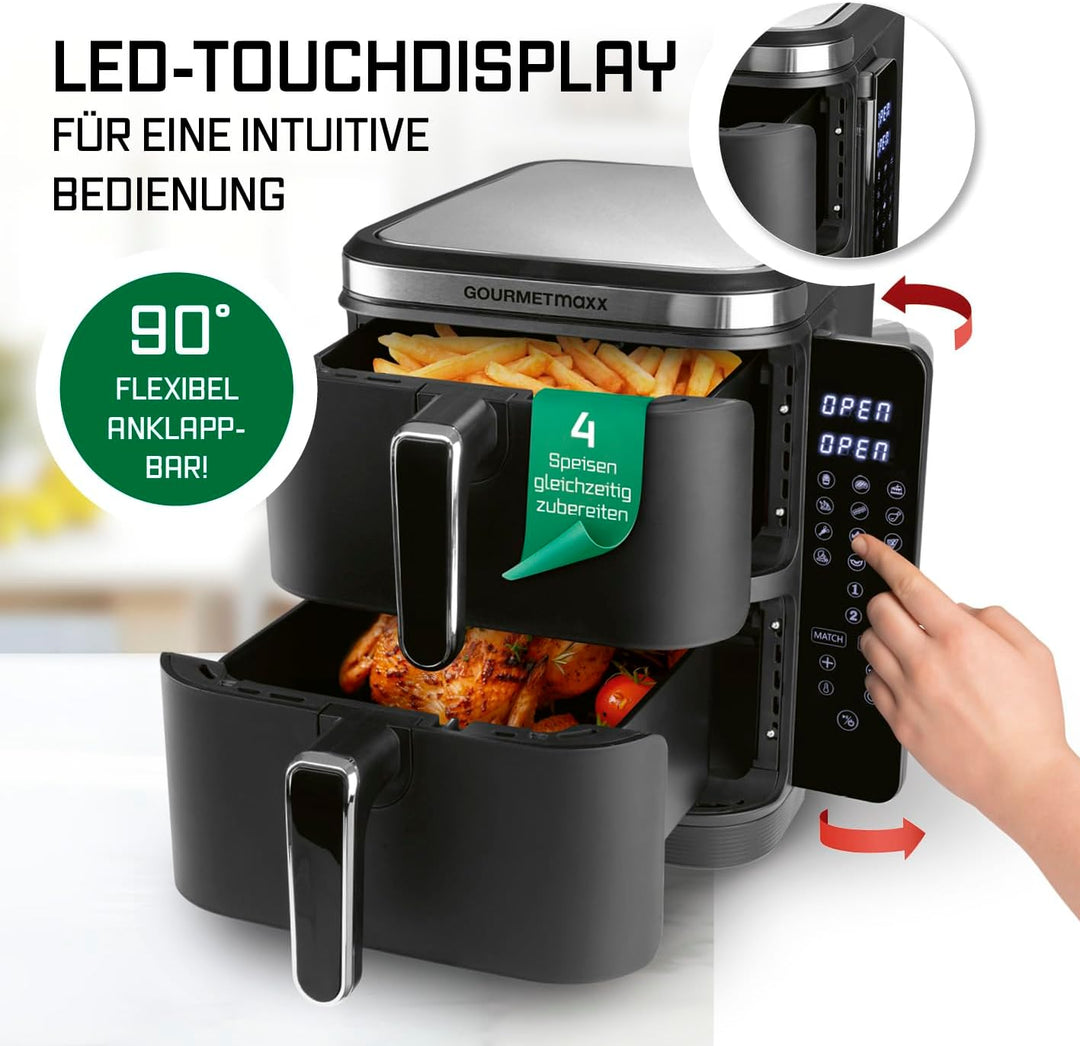 GOURMETmaxx FryUp Vertikale Doppelkammer Heissluftfritteuse | Airfryer 10 Liter | 4 Speisen auf 4 Eb