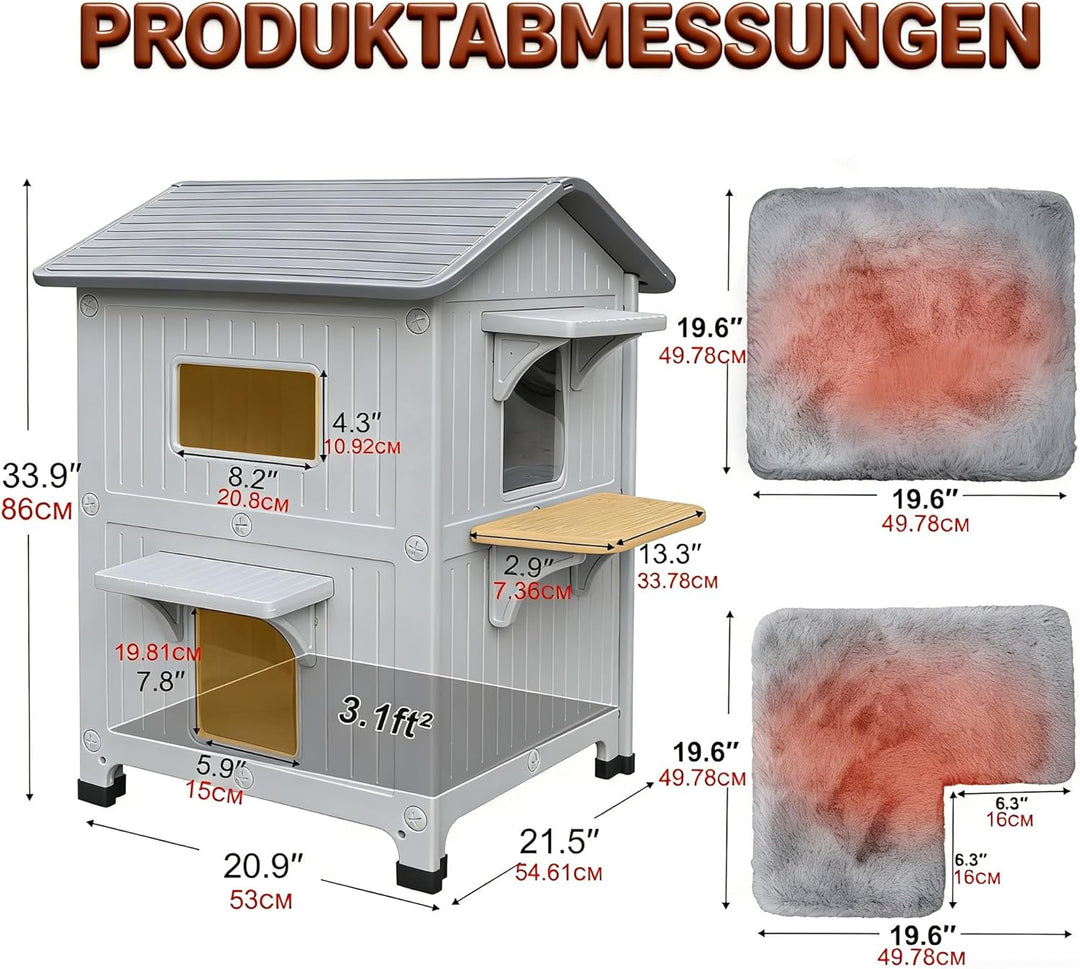 Katzenhaus Outdoor, Zweistöckiges Wetterfestes Katzenunterschlupf aus HDPE-Kunststoff mit Fluchttür,