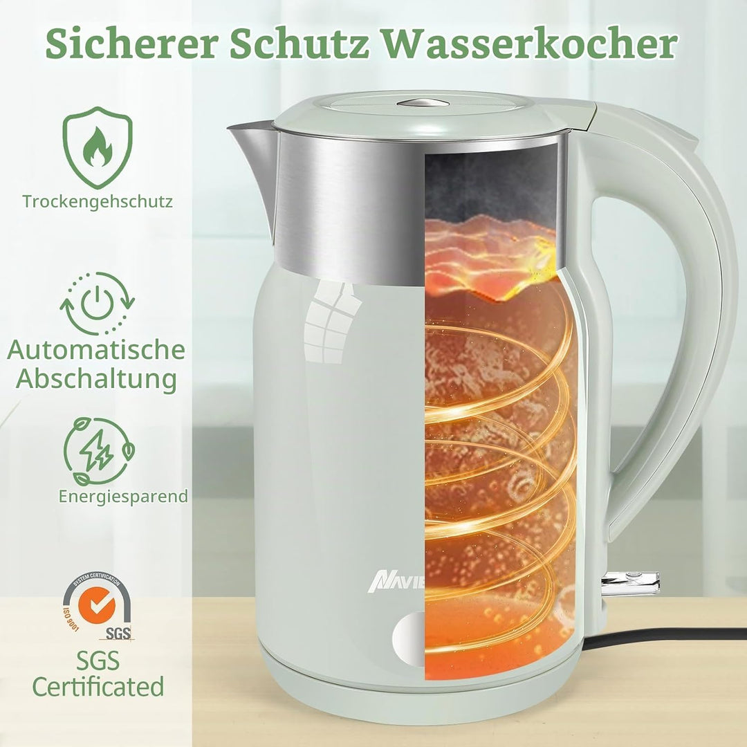 Wasserkocher Edelstahl mit 1.8 Liter,2200 Watt Schnellkochend Elektrischer Wasserkocher BPA Frei,Dop