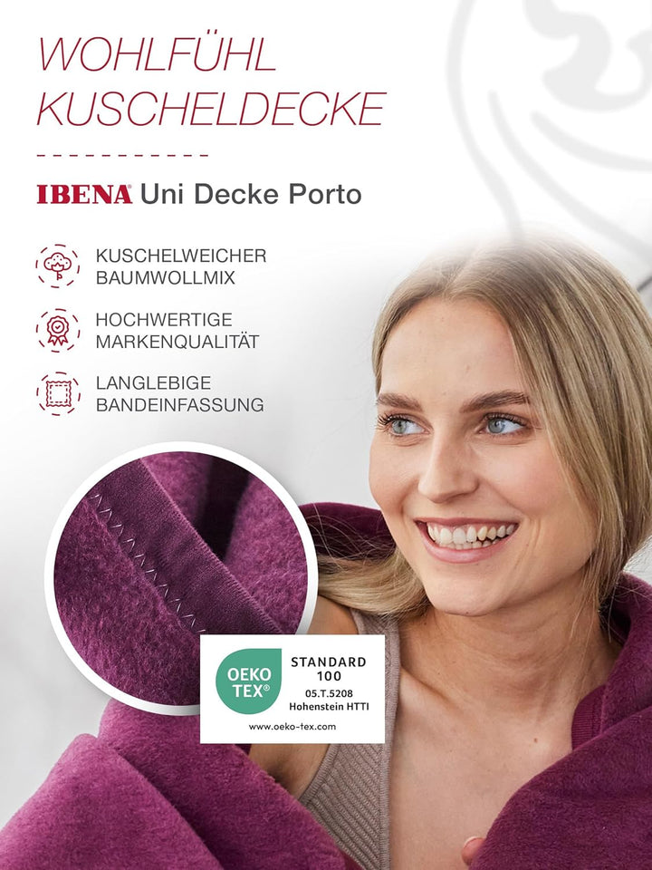 Ibena Porto Decke 150x200 cm – Baumwollmix weich, warm & waschbar, Kuscheldecke lila einfarbig 150 x
