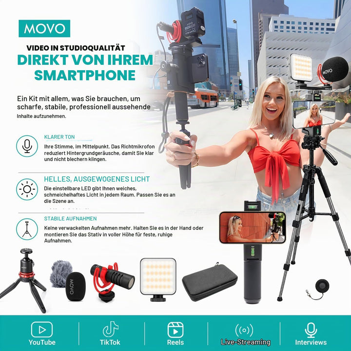 Movo iVlogger-PRO Vlogging-Kit mit Vollständigem Stativ für iPhone/Android – YouTube-Starter-Kit für