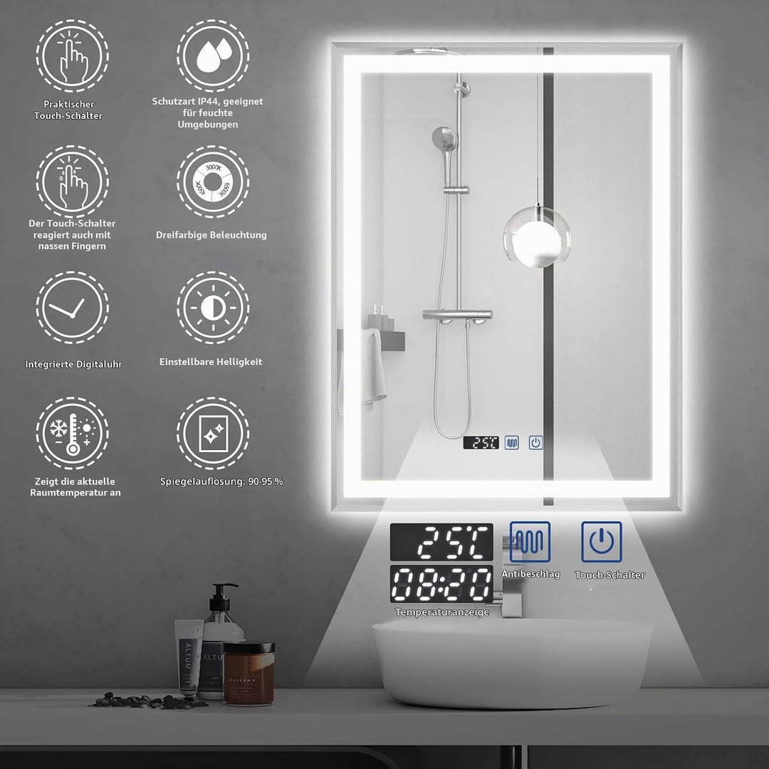 YU YUSING Badspiegel mit Beleuchtung 60x80cm Badezimmerspiegel mit Beschlagfrei 3 Lichtfarbe Dimmbar