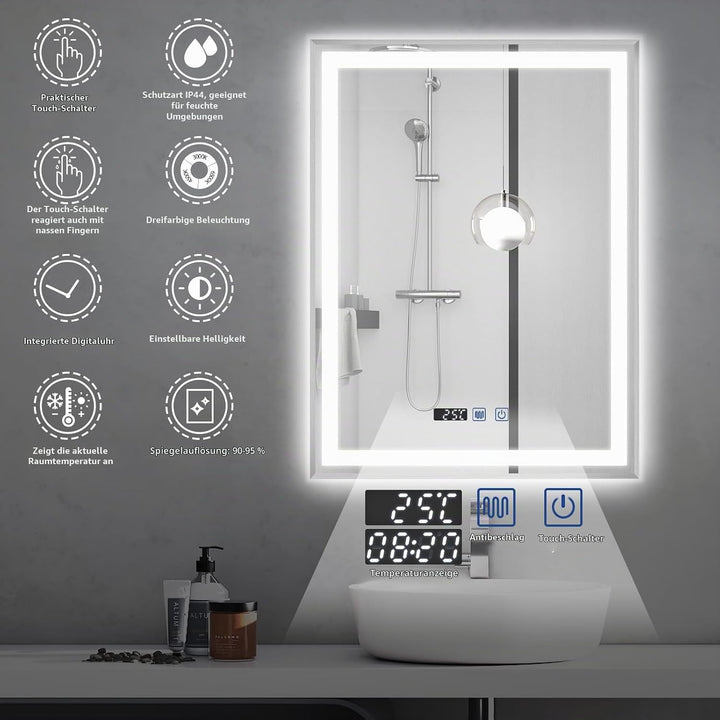 YU YUSING Badspiegel mit Beleuchtung 60x80cm Badezimmerspiegel mit Beschlagfrei 3 Lichtfarbe Dimmbar
