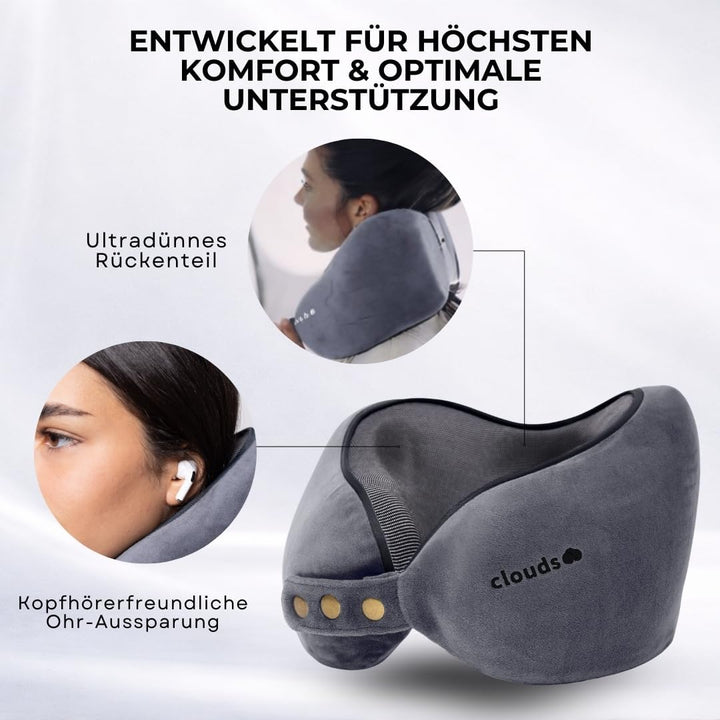 CLOUDS Nackenkissen Flugzeug & Auto – Einstellbares Memory Foam Reisekissen in 2 Grössen für Erwachs
