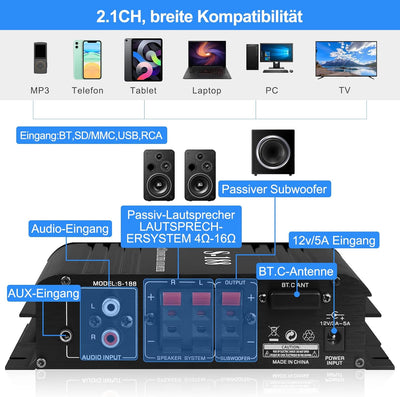 HiFi Verstärker S-188 2.1-Kanal Bluetooth 5.0 Mini Audio Verstärker RMS 40Wx2+50W Max.600W Leistung