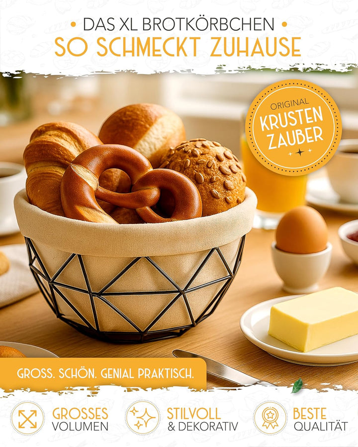 KRUSTENZAUBER Brotkorb modern mit Metallgestell - Waschbares Brotkörbchen für Brot & Brötchen - 20cm