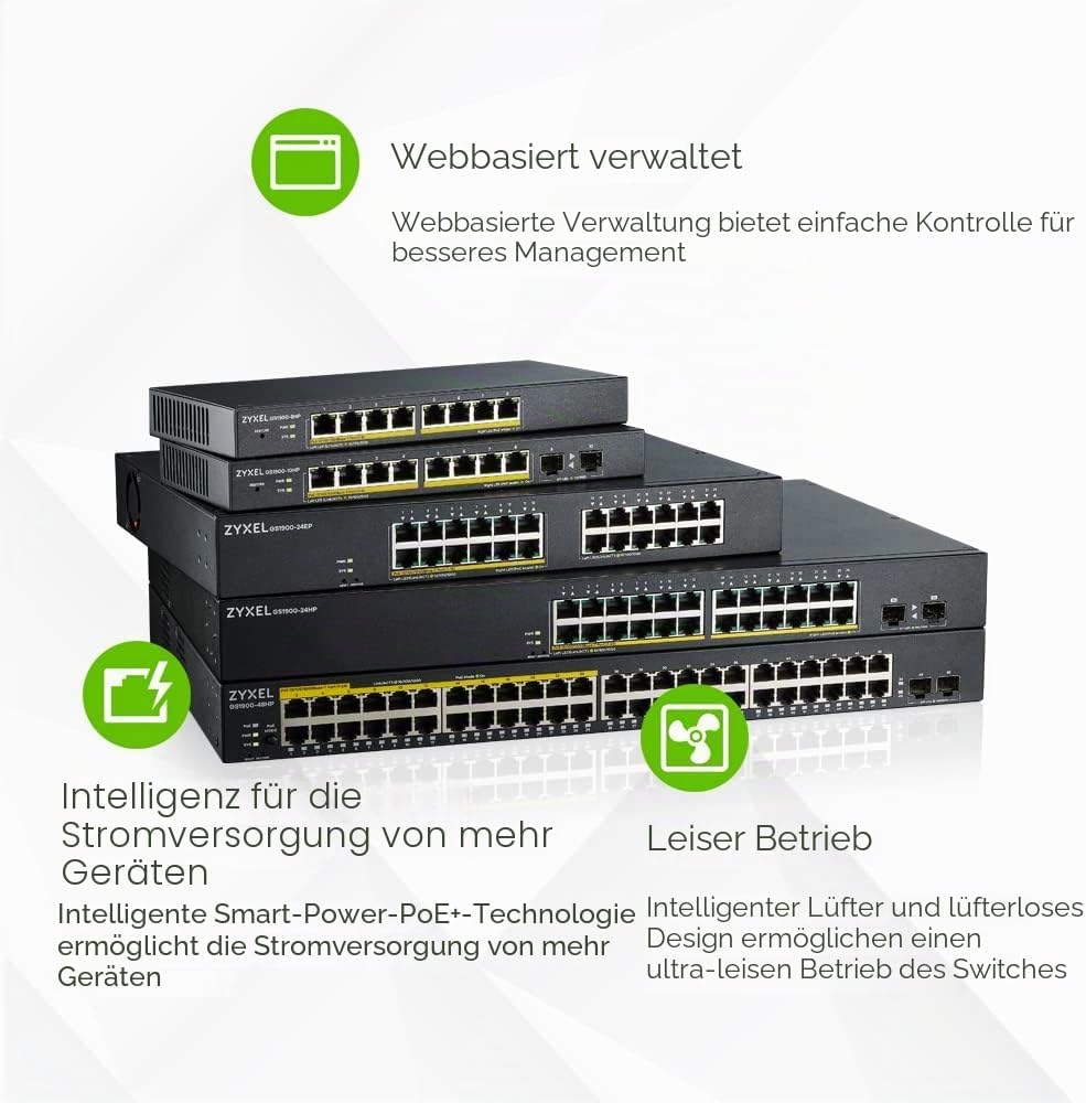 ZyXEL 8-Port Gigabit Ethernet Smart Managed PoE Switch mit 77 Watt Budget - lüfterloses Design und 2
