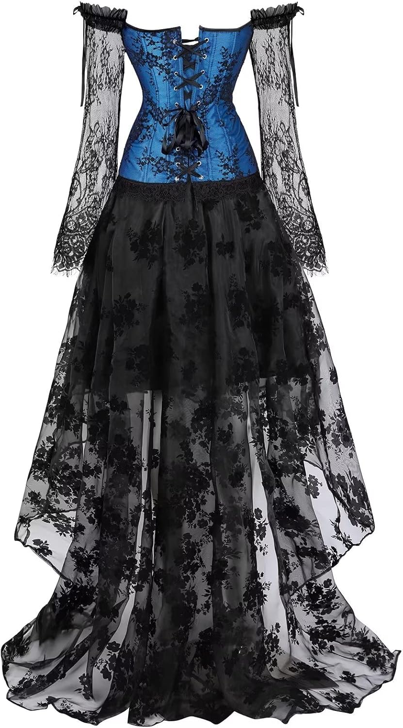 Korsett Damen Korsagenkleid Korsage Gothic Taille Lang Rock Hauch Bluse Kleid Elegant Frauen, Bluebl